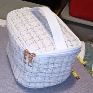 White and Silver Woven Cosmetic Bag